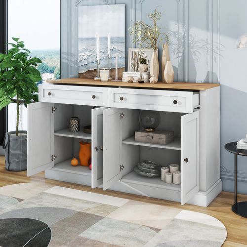 Buffet 150x40x86 Cm Avec 4 Portes Et 2 Tiroirs, Panneaux De Particules, Blanc Antique Et Naturel