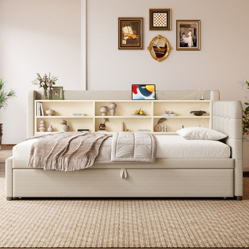 Lit Gigogne 90x200 Cm - Simple, Coffre, Lit Gigogne, USB/type-c, Lin - Beige