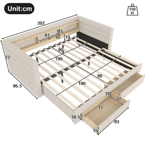 Lit Gigogne 90x190cm, Lit 2 En 1, LED, Ports, 2 Tiroirs, 3 Niches, 1 Étagère, Mdf, Velours, Beige