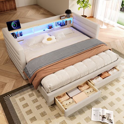 Lit Gigogne 90x190cm, Lit 2 En 1, LED, Ports, 2 Tiroirs, 3 Niches, 1 Étagère, Mdf, Velours, Beige