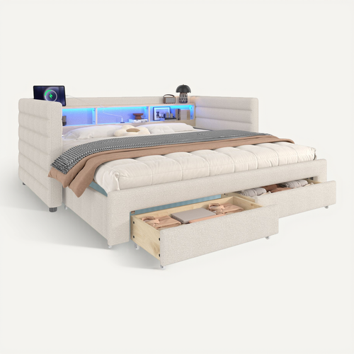 Lit Gigogne 90x190cm, Lit 2 En 1, LED, Ports, 2 Tiroirs, 3 Niches, 1 Étagère, Mdf, Velours, Beige