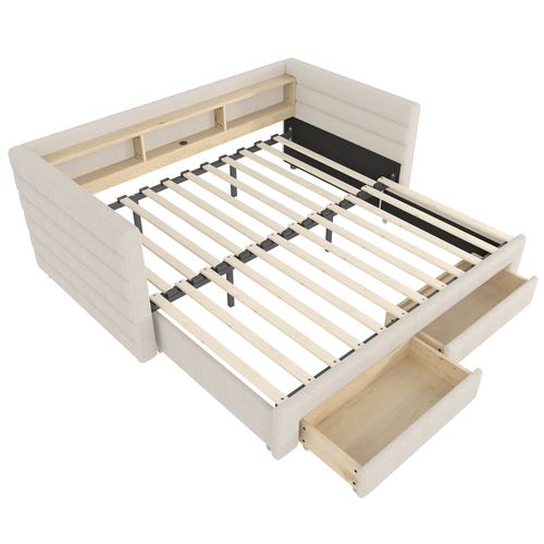 Lit Gigogne 90x190cm, Lit 2 En 1, LED, Ports, 2 Tiroirs, 3 Niches, 1 Étagère, Mdf, Velours, Beige