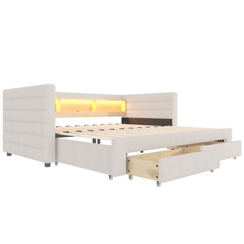 Lit Gigogne 90x190cm, Lit 2 En 1, LED, Ports, 2 Tiroirs, 3 Niches, 1 Étagère, Mdf, Velours, Beige