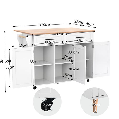 Buffet De Cuisine Rétractable 129x46(71)x91,5cm, Îlot Central, 2 Tiroirs, Mdf Blanc Et Bois