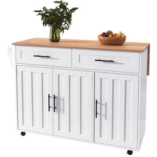 Buffet De Cuisine Rétractable 129x46(71)x91,5cm, Îlot Central, 2 Tiroirs, Mdf Blanc Et Bois