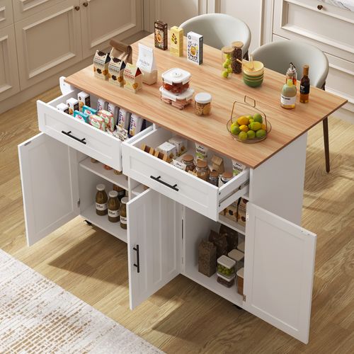 Buffet De Cuisine Rétractable 129x46(71)x91,5cm, Îlot Central, 2 Tiroirs, Mdf Blanc Et Bois