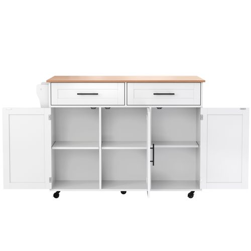 Buffet De Cuisine Rétractable 129x46(71)x91,5cm, Îlot Central, 2 Tiroirs, Mdf Blanc Et Bois