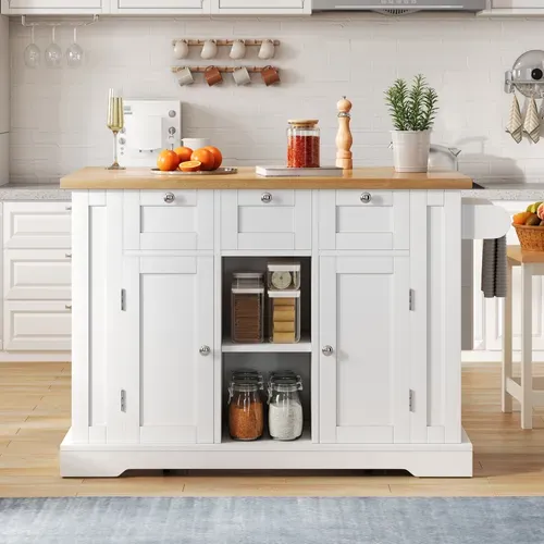 Buffet De Cuisine Rétractable 132x40(70)x87cm, Îlot De Cuisine, En Mdf, Blanc Et Bois