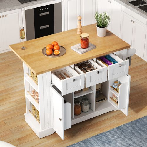 Buffet De Cuisine Rétractable 132x40(70)x87cm, Îlot De Cuisine, En Mdf, Blanc Et Bois