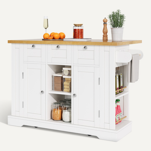 Buffet De Cuisine Rétractable 132x40(70)x87cm, Îlot De Cuisine, En Mdf, Blanc Et Bois