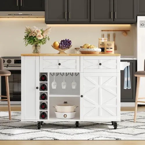 Buffet De Cuisine Rétractable Moderne 120x45(70)x89, Îlot De Cuisine, Tiroirs, Mdf, Balnc, Naturel