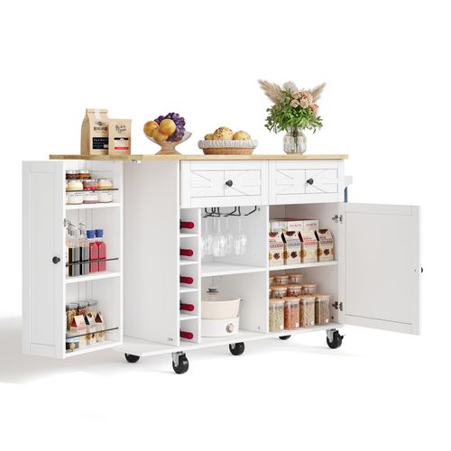 Buffet De Cuisine Rétractable Moderne 120x45(70)x89, Îlot De Cuisine, Tiroirs, Mdf, Balnc, Naturel
