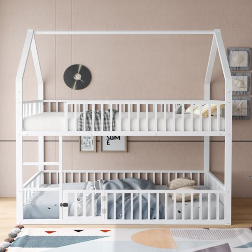 Lit Superposé 140x200cm Avec Escalier, 1 Sommier, Lit Cabane De Style Simple, En Métal Blanc