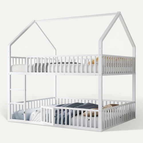 Lit Superposé 140x200cm Avec Escalier, 1 Sommier, Lit Cabane De Style Simple, En Métal Blanc
