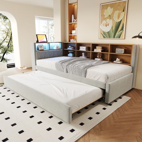 Lit Gigogne Moderne 90x190, Canapé-lit 90x200, LED, Prises Et Rangement, Flanelle Gris  Clair