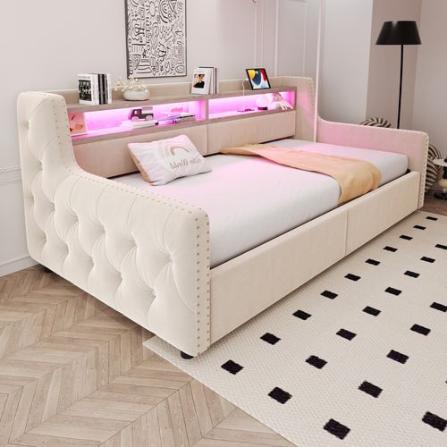 Lit Coffre 90x200 Cm Avec Rangement, LED, Prise Électrique Et Recharge USB-c, Velours Beige