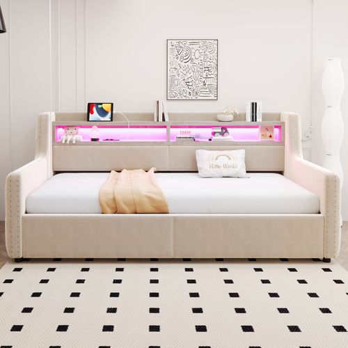 Lit Coffre 90x200 Cm Avec Rangement, LED, Prise Électrique Et Recharge USB-c, Velours Beige