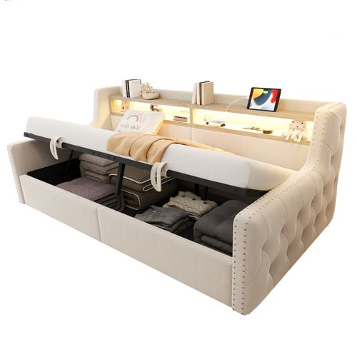 Lit Coffre 90x200 Cm Avec Rangement, LED, Prise Électrique Et Recharge USB-c, Velours Beige