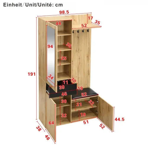Vestiaire 98,5 x 38 x 191 Cm avec 3 portes, 1 Miroir, Meuble à Chaussures et 1 Tiroir, MDF, Bois