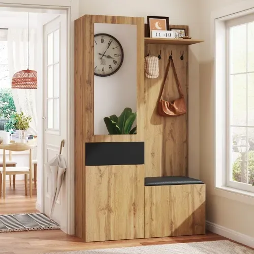 Vestiaire 98,5 x 38 x 191 Cm avec 3 portes, 1 Miroir, Meuble à Chaussures et 1 Tiroir, MDF, Bois