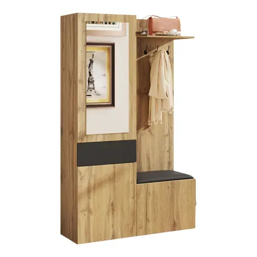 Vestiaire 98,5 x 38 x 191 Cm avec 3 portes, 1 Miroir, Meuble à Chaussures et 1 Tiroir, MDF, Bois