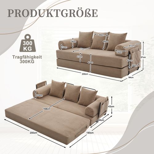Canapé Convertible 200x94x67cm, Canapé Modulable, Poche Latérale, 3 Coussins, Velours Côtelé, Kaki