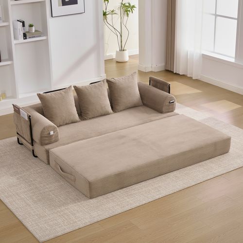 Canapé Convertible 200x94x67cm, Canapé Modulable, Poche Latérale, 3 Coussins, Velours Côtelé, Kaki