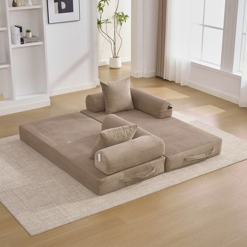 Canapé Convertible 200x94x67cm, Canapé Modulable, Poche Latérale, 3 Coussins, Velours Côtelé, Kaki