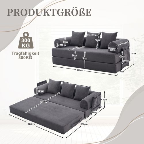 Canapé Compressé Convertible 200x94x67cm, Avec 3 Coussins, Velours Côtelé, Gris Foncé