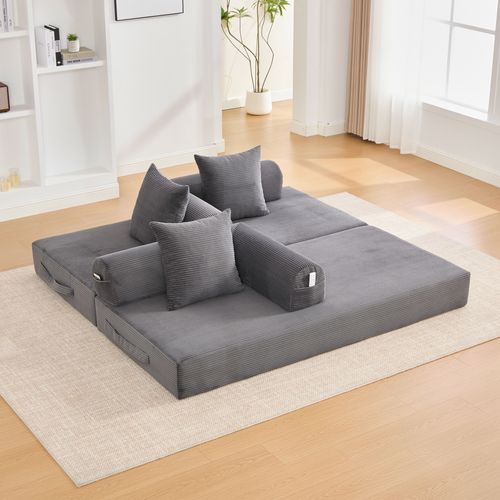 Canapé Compressé Convertible 200x94x67cm, Avec 3 Coussins, Velours Côtelé, Gris Foncé