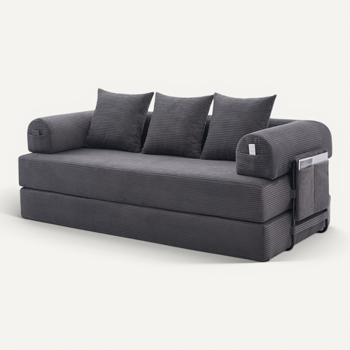 Canapé Compressé Convertible 200x94x67cm, Avec 3 Coussins, Velours Côtelé, Gris Foncé