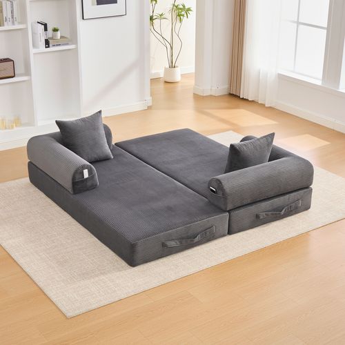 Canapé Compressé Convertible 200x94x67cm, Avec 3 Coussins, Velours Côtelé, Gris Foncé