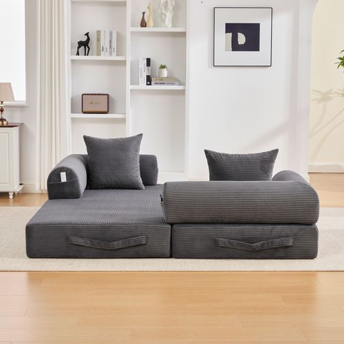 Canapé Compressé Convertible 200x94x67cm, Avec 3 Coussins, Velours Côtelé, Gris Foncé