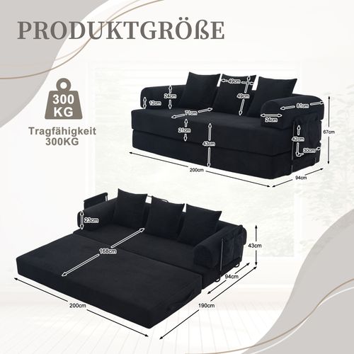 Canapé Compressé Convertible 200x94x67cm, Avec 3 Coussins Doux,velours Côtelé, Noir