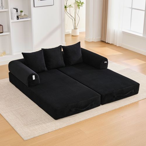 Canapé Compressé Convertible 200x94x67cm, Avec 3 Coussins Doux,velours Côtelé, Noir