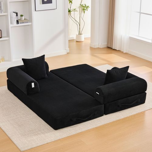 Canapé Compressé Convertible 200x94x67cm, Avec 3 Coussins Doux,velours Côtelé, Noir
