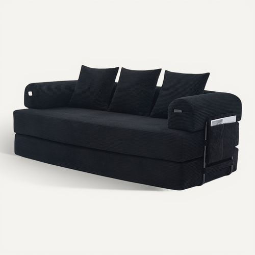 Canapé Compressé Convertible 200x94x67cm, Avec 3 Coussins Doux,velours Côtelé, Noir