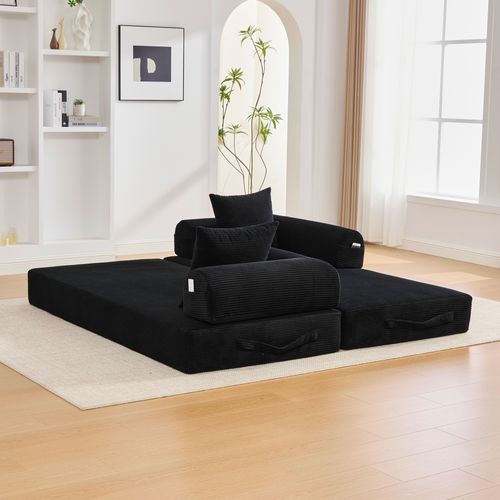 Canapé Compressé Convertible 200x94x67cm, Avec 3 Coussins Doux,velours Côtelé, Noir