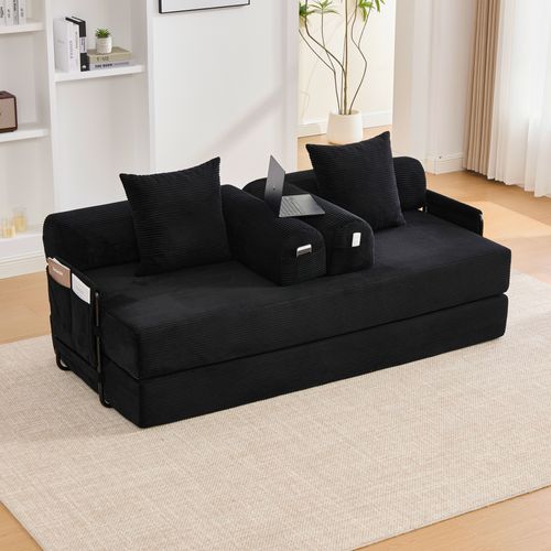 Canapé Compressé Convertible 200x94x67cm, Avec 3 Coussins Doux,velours Côtelé, Noir