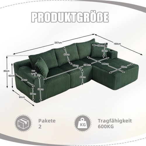 Canapé Compressé Angle 257x160x62cm, 5 Coussins Moelleux, Poches Latérale, Velours Côtelé, Vert
