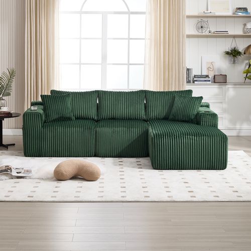 Canapé Compressé Angle 257x160x62cm, 5 Coussins Moelleux, Poches Latérale, Velours Côtelé, Vert