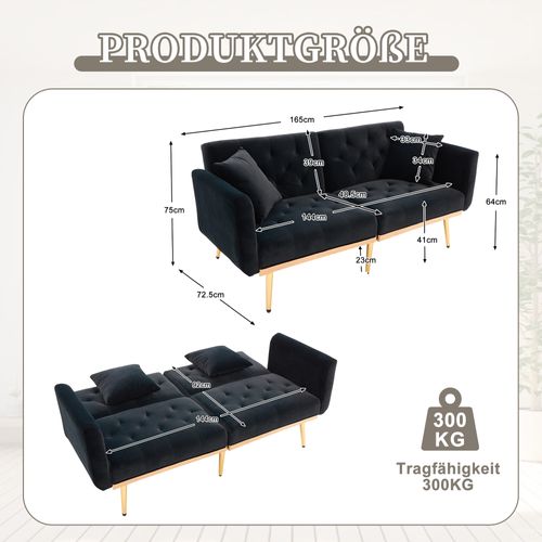 Canapé Convertible 2 Places 165x72,5x75 Cm, Canapé-lit, Dossier Réglable, Velours Noir