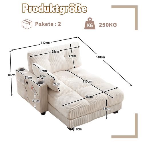 Méridienne 140x112x81cm Avec Accoudoirs, Porte-gobelets, Poches Latérales, Velours Côtelé Beige