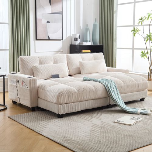 Méridienne 140x112x81cm Avec Accoudoirs, Porte-gobelets, Poches Latérales, Velours Côtelé Beige
