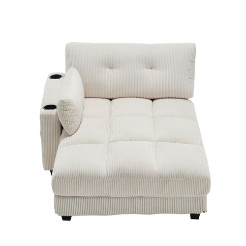 Méridienne 140x112x81cm Avec Accoudoirs, Porte-gobelets, Poches Latérales, Velours Côtelé Beige