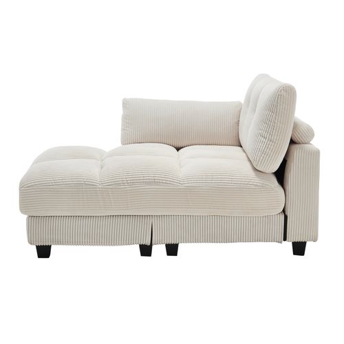 Méridienne 140x112x81cm Avec Accoudoirs, Porte-gobelets, Poches Latérales, Velours Côtelé Beige