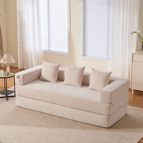 Canapé Modulable 198x79x60 Cm Avec Poches Latérales, Assemblage Diy, Chenille Beige