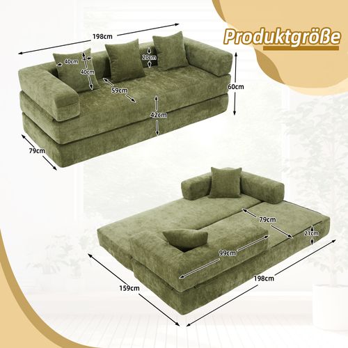 Canapé Modulable 198x79x60 Cm Avec Poches Latérales, Assemblage Diy, Chenille Verte