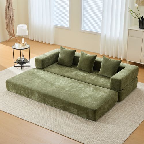 Canapé Modulable 198x79x60 Cm Avec Poches Latérales, Assemblage Diy, Chenille Verte