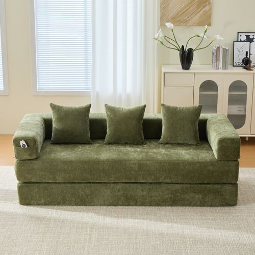 Canapé Modulable 198x79x60 Cm Avec Poches Latérales, Assemblage Diy, Chenille Verte